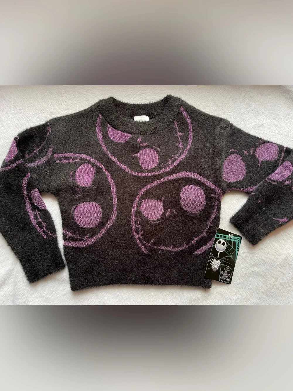New Halloween Disney Skull Graphic Fuzzy Crewneck Sweater Black Purple S (6/6X)